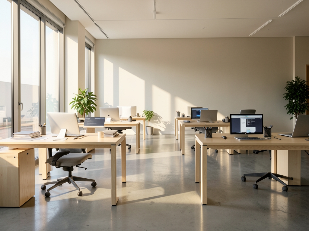sunlit open plan office with pale wooden desks arranged