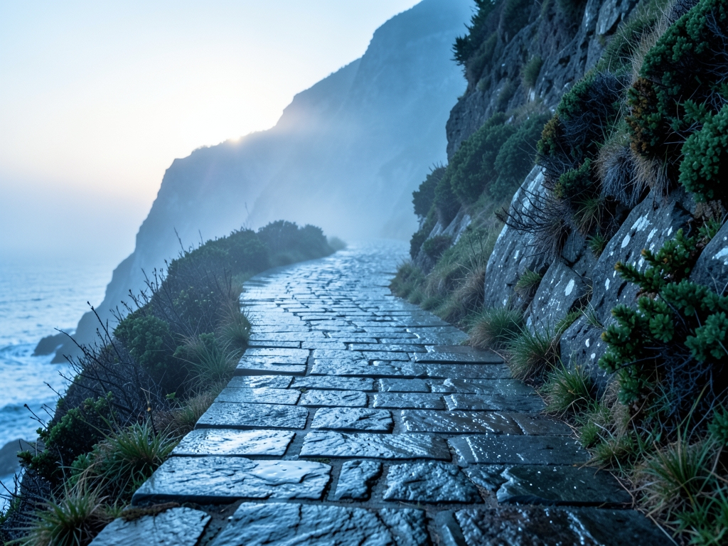 solitary narrow footpath cutting through misty coastal cliff