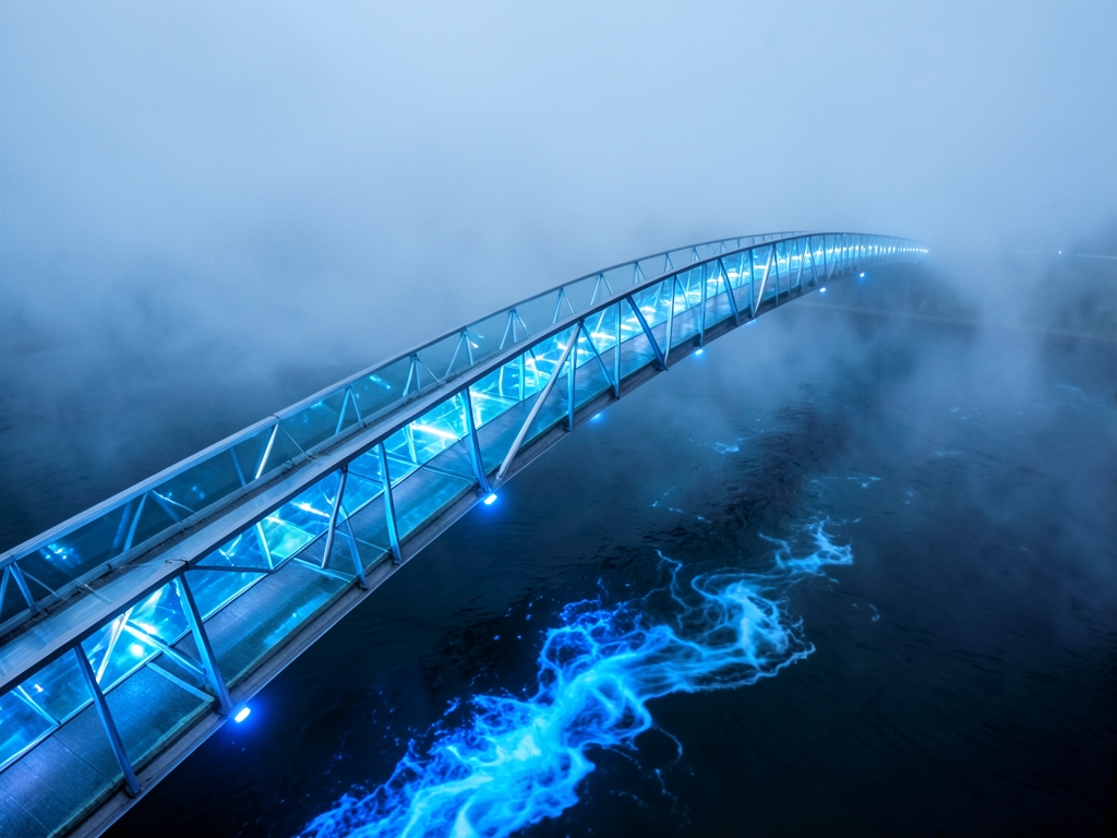 translucent glass bridge stretching over vast dark river
