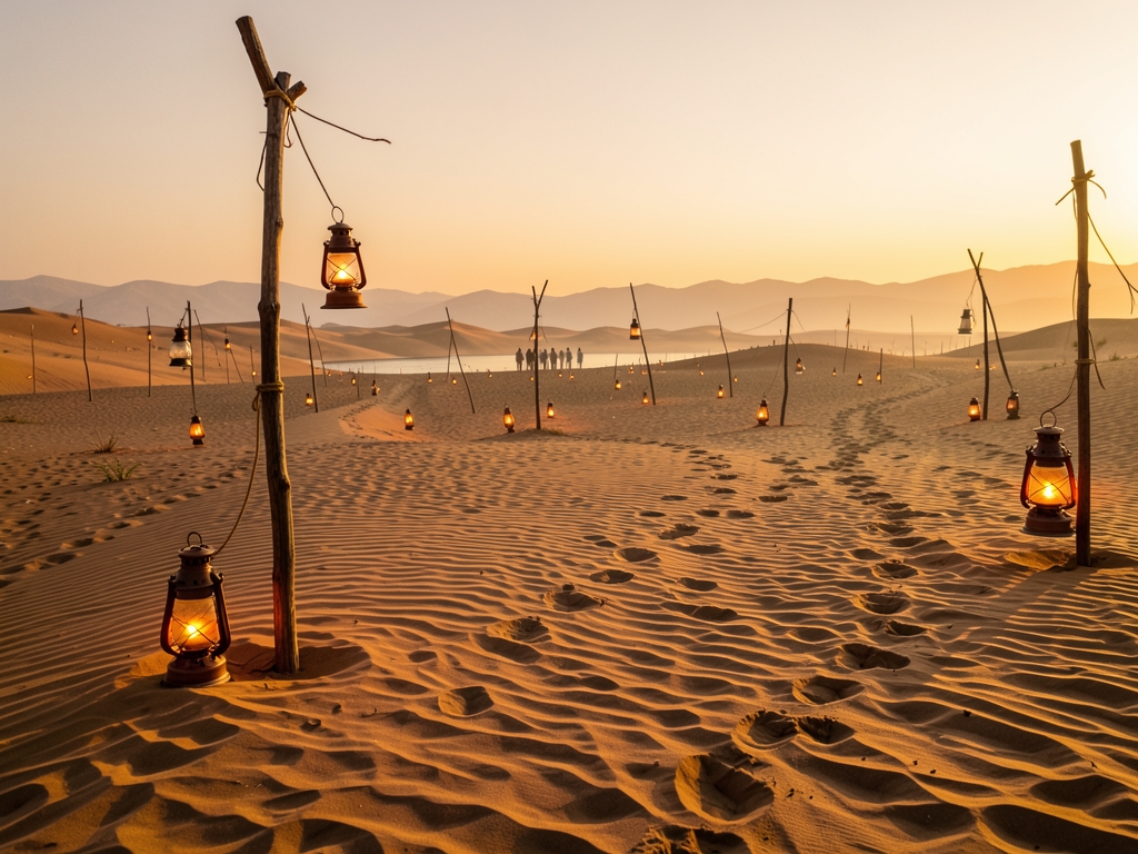 wide golden hour desert landscape scattered with warm amber