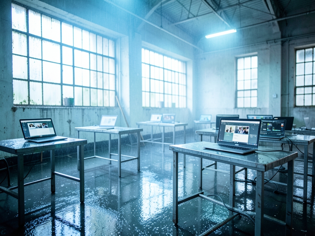 rain washed warehouse interior polished epoxy floors reflecting pale