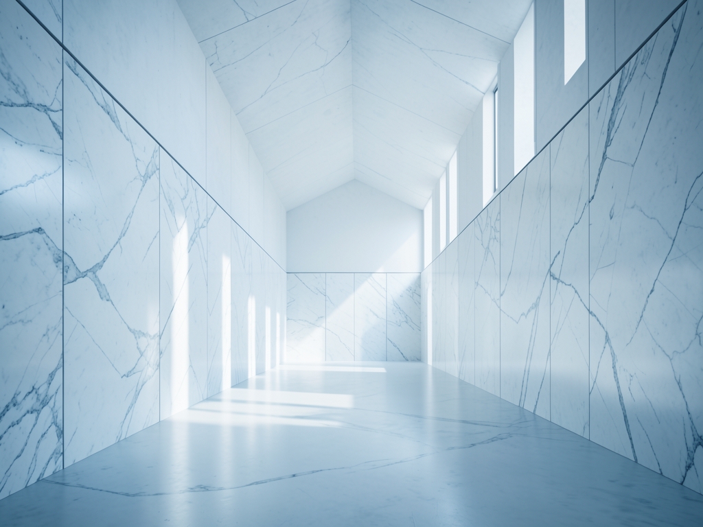 vast white concrete hall divided thin marble walls
