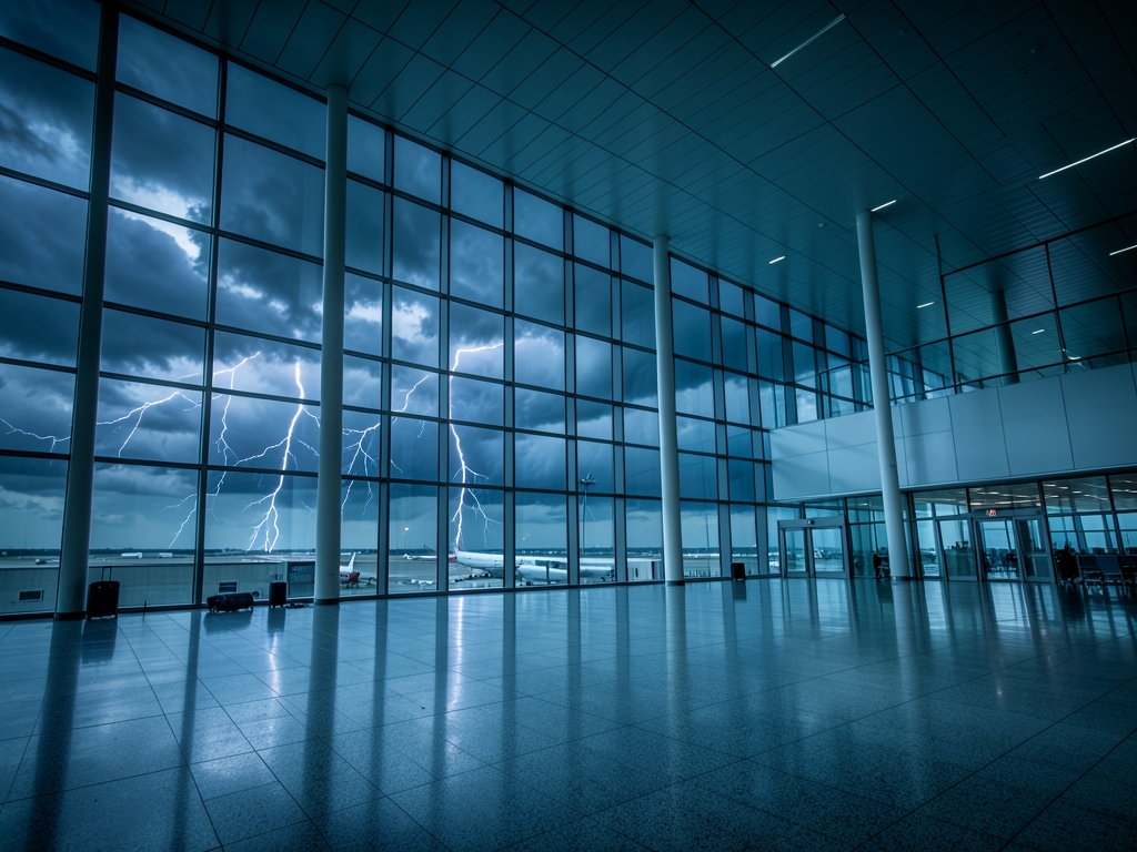 vast empty airport terminal with towering glass windows