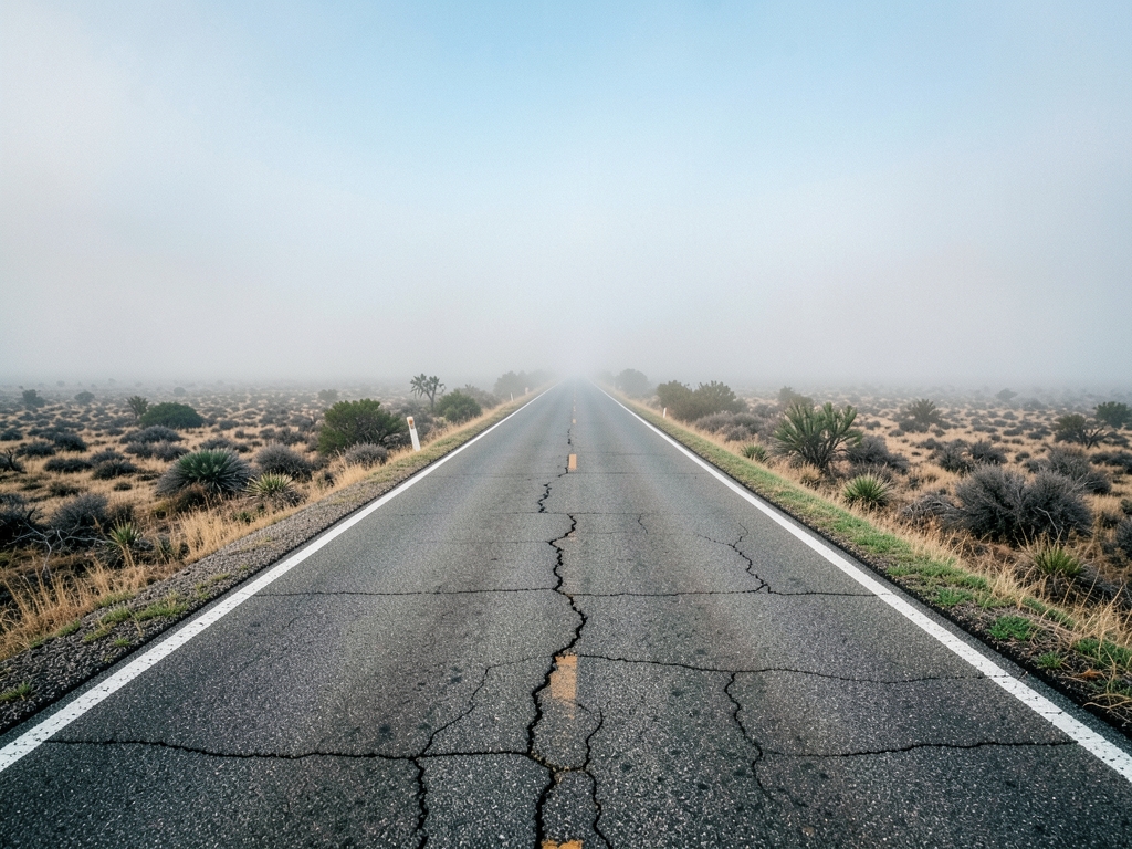 long transcontinental highway vanishing into dense morning over