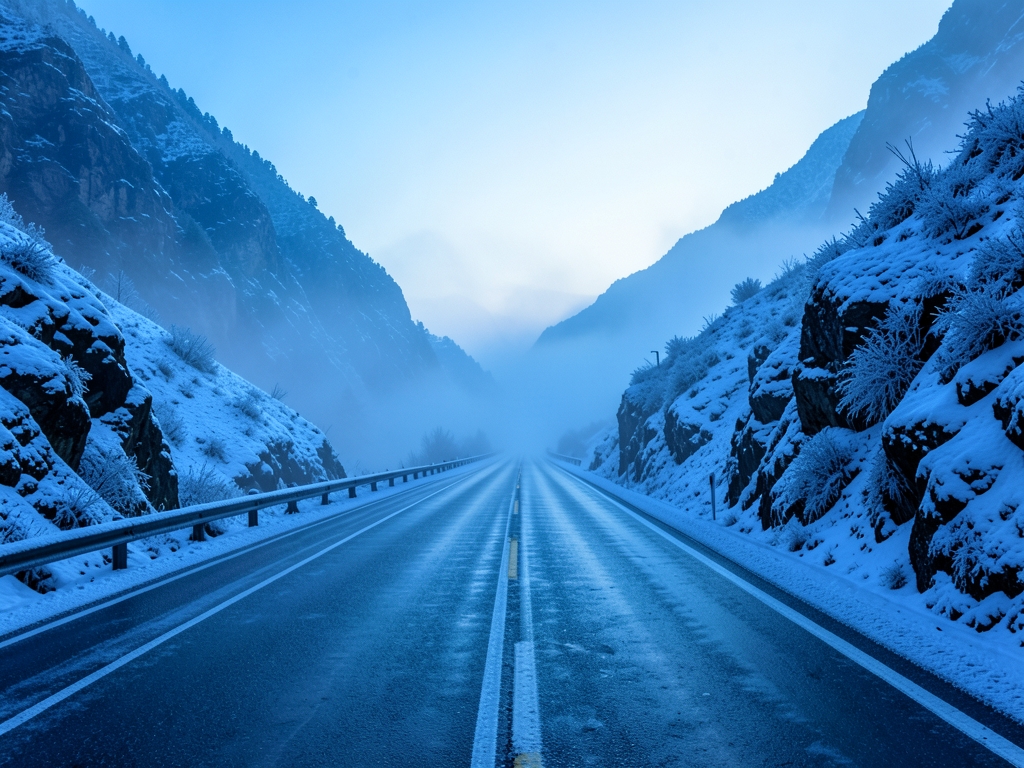 Empty winter mountain highway blue dawn asphalt frost covered