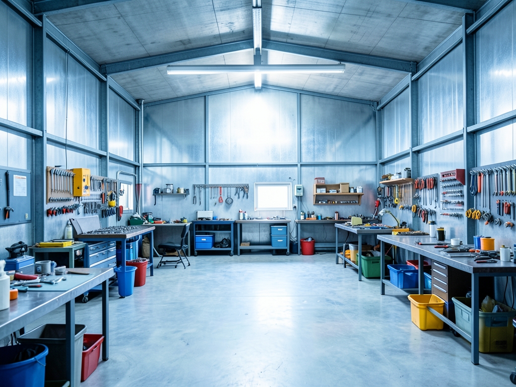 Spacious concrete workshop interior with steel walls soft
