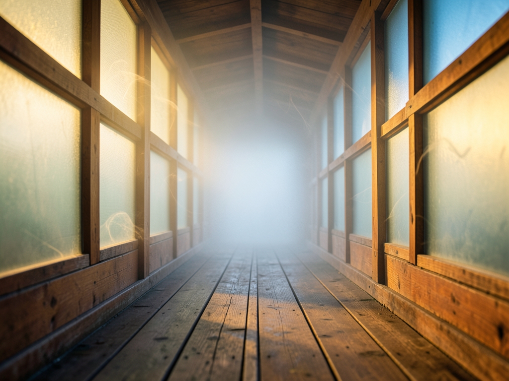 narrow wooden corridor fading into soft morning mist