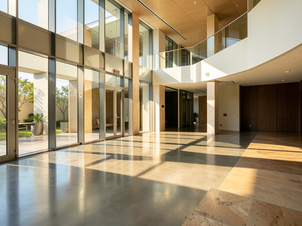 sunlit modern atrium with floor to ceiling glass walls polished