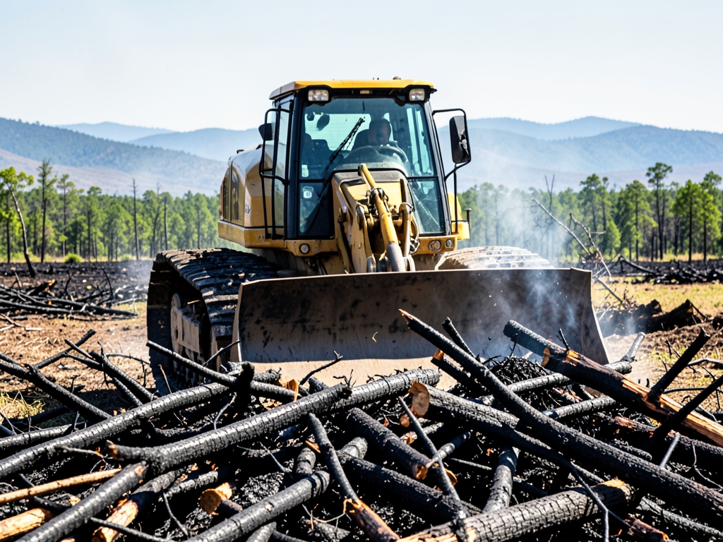 massive bulldozer pushing charred timber