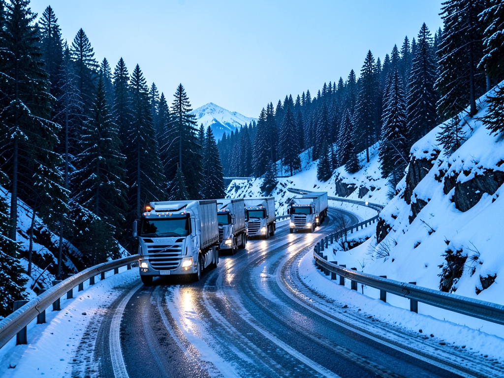 snowy Alpine mountain pass dawn with convoy heavy