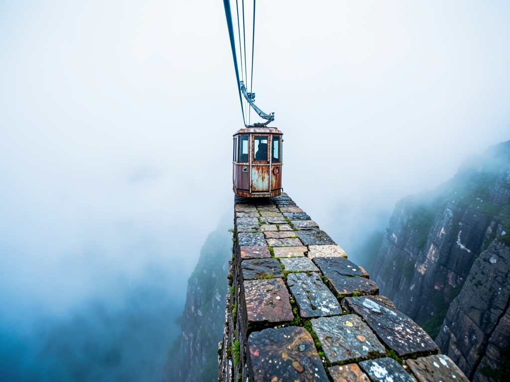 narrow crumbling stone bridge spanning deep misty chasm