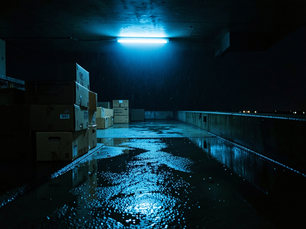 rain slicked concrete loading dock night single flickering fluorescent