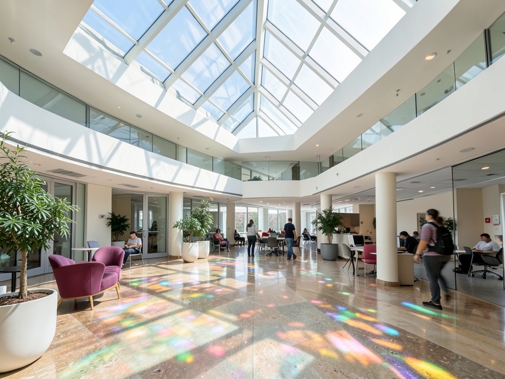 Bright office atrium with angled glass roof casting