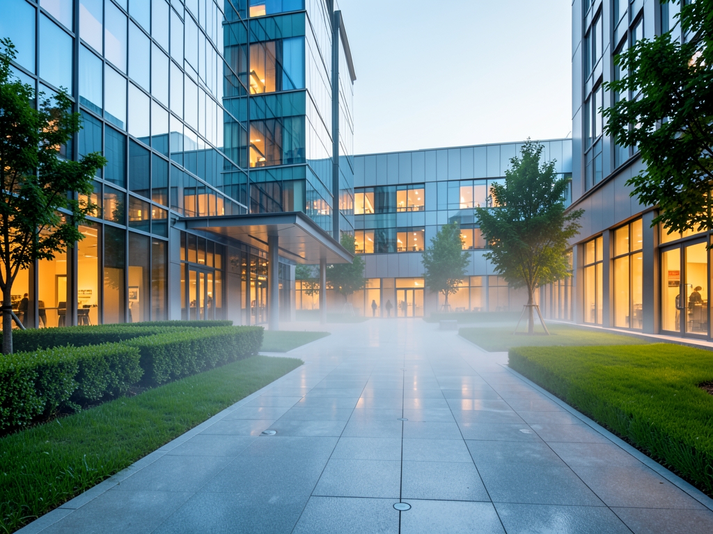 Sunlit modern corporate campus courtyard with glass steel