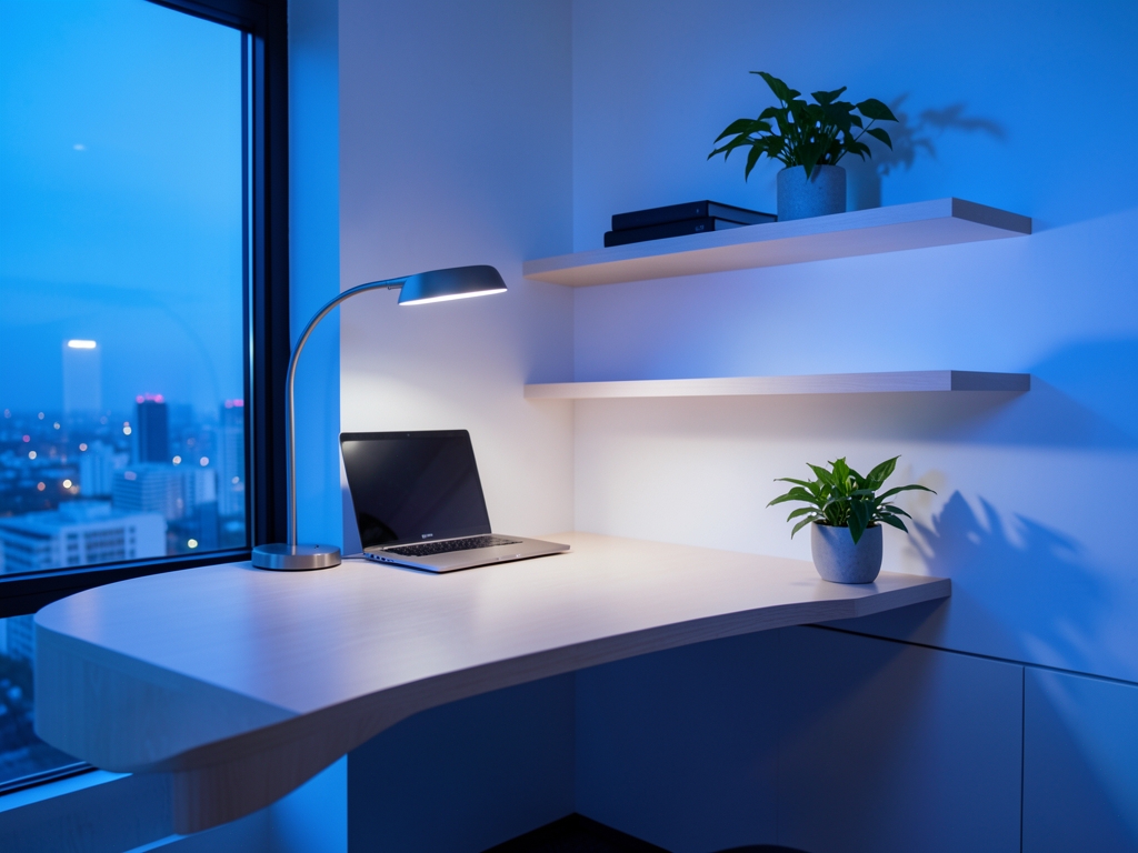 Minimalist workspace bathed soft twilight blue light featuring