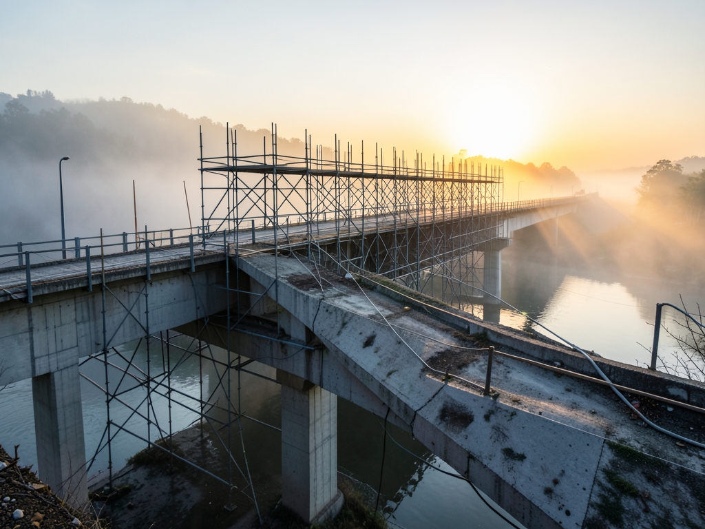 Half built concrete bridge stretching over misty river valley
