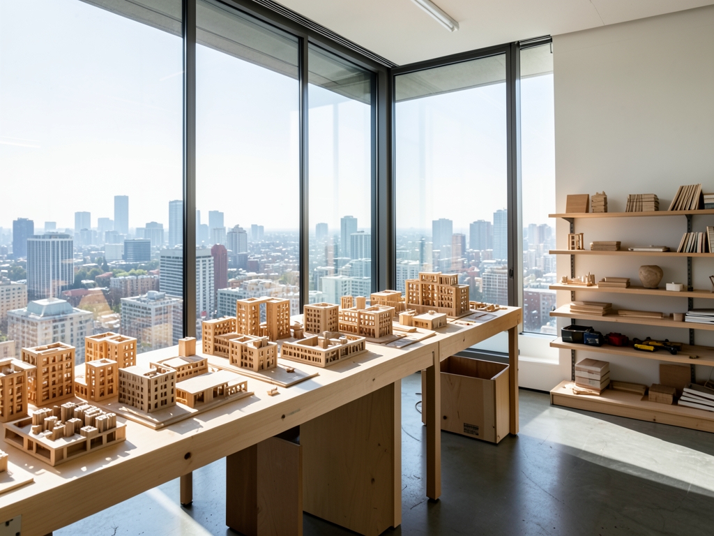 Sunlit modern architectural workshop with wooden models glass