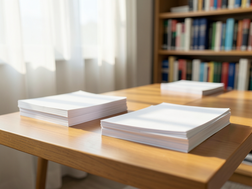Sunlit minimalist library workspace with empty wooden tables