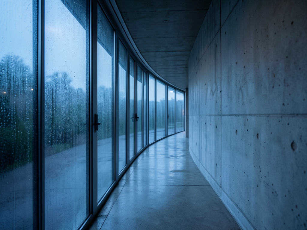 Diverging modern hallway with sleek glass side heavy