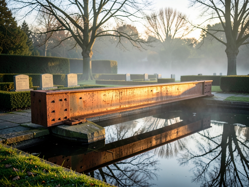 reclaimed steel beam resting quiet memorial garden dawn
