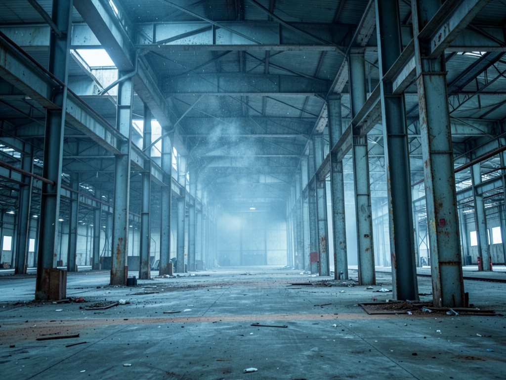 vast warehouse interior filled with towering steel beams