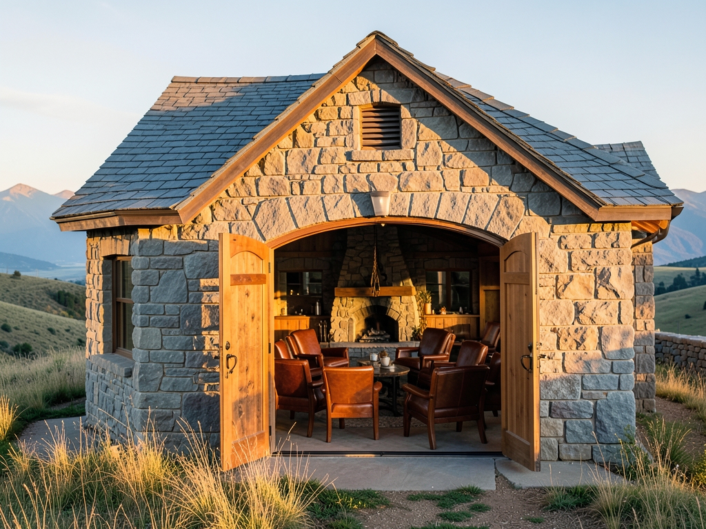 Golden hour light washes over rustic stone lodge