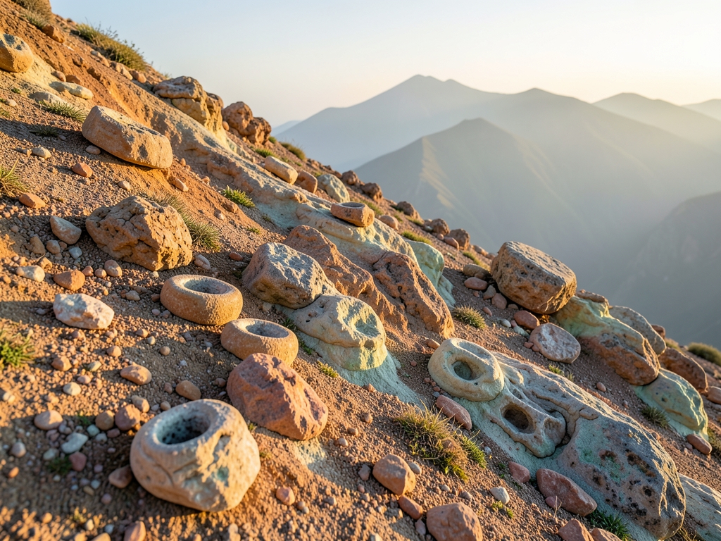 Sunlit rocky carbonatite outcrop slope with scattered stone