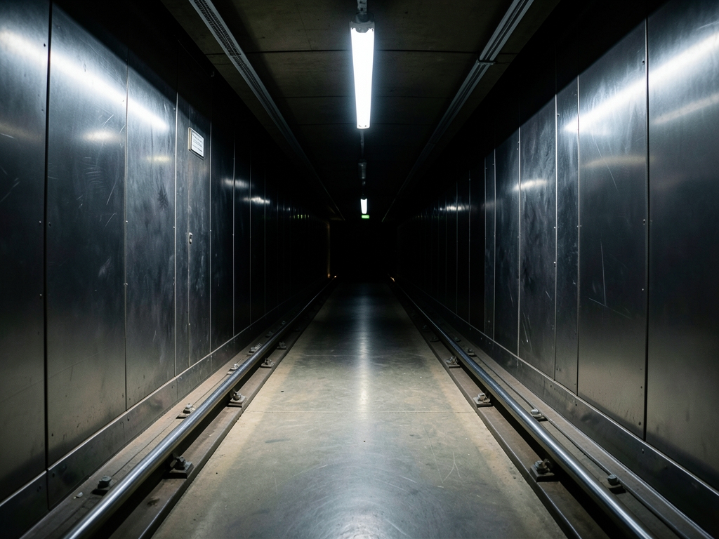 sleek metallic corridor with parallel rails diverging into