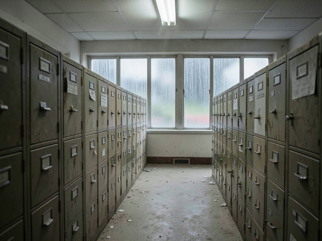 dusty municipal records room with rows metal filing