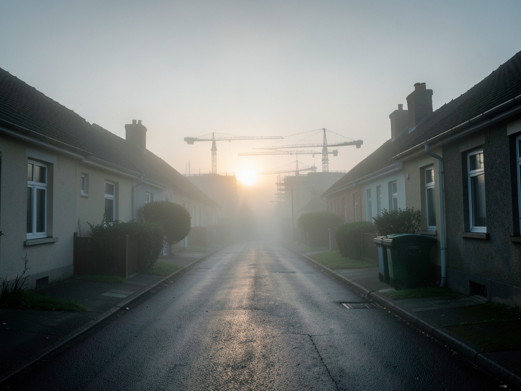 foggy residential street dawn with distant construction cranes
