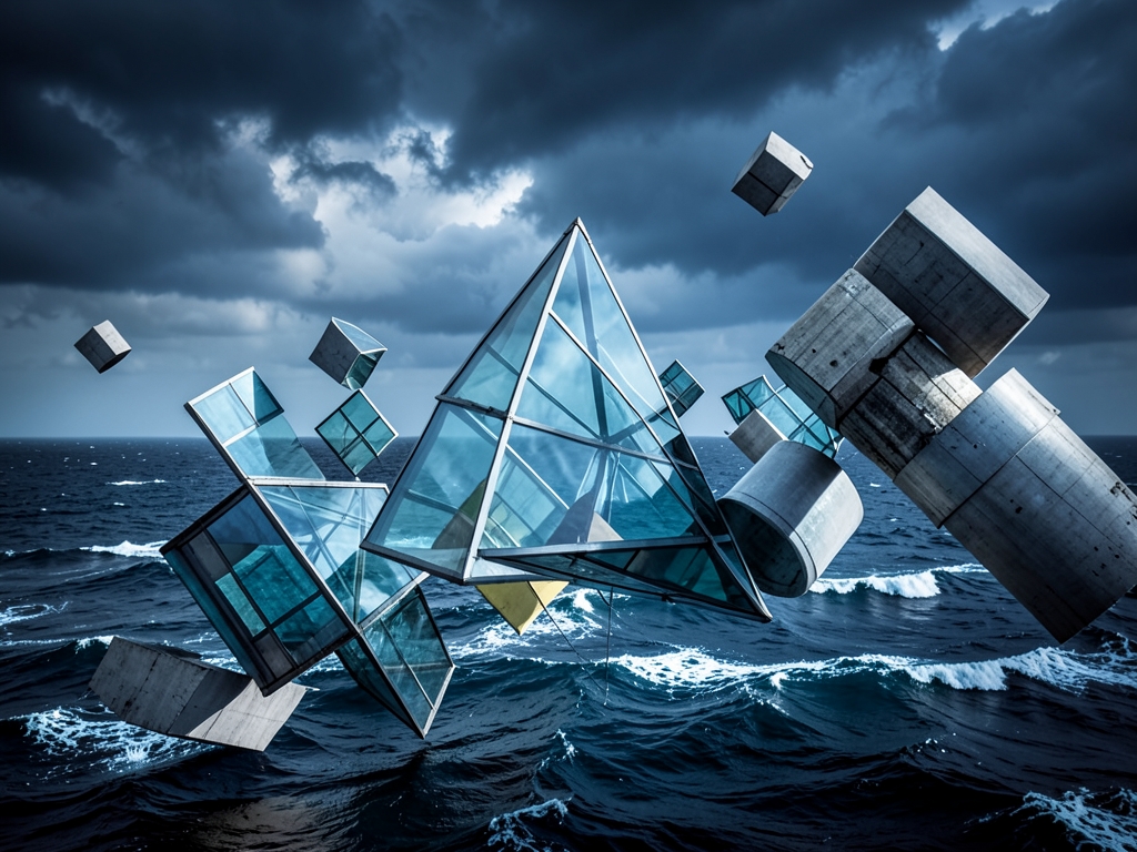 abstract architectural visualization fragmented geometric shapes drifting apart
