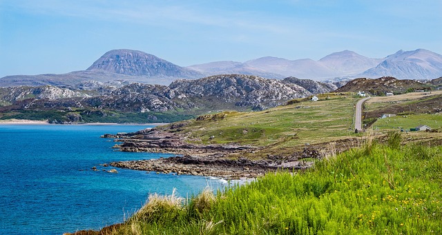 second coast nature water travel panorama heaven scotland landscape summer foresight sea mountains meadow green