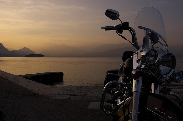 harley motorcycle nature motorbike lake evening sunset hog road