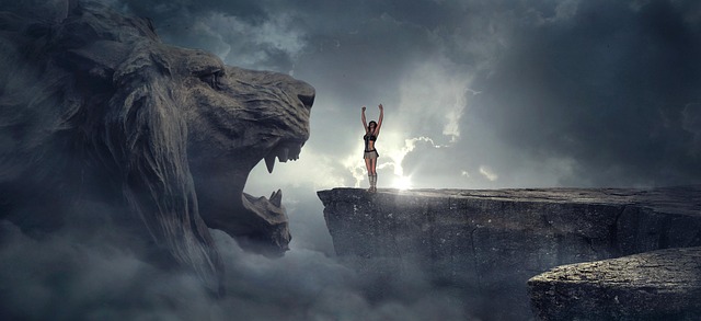fantasy rock lion head abyss woman mystical sun fairytale mood composing bright heaven stone fairy tale landscape light clou