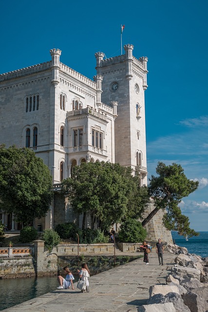 castle facade sea nature building italy trieste architecture tourism to travel landmark europe wall mediterranean miramare to