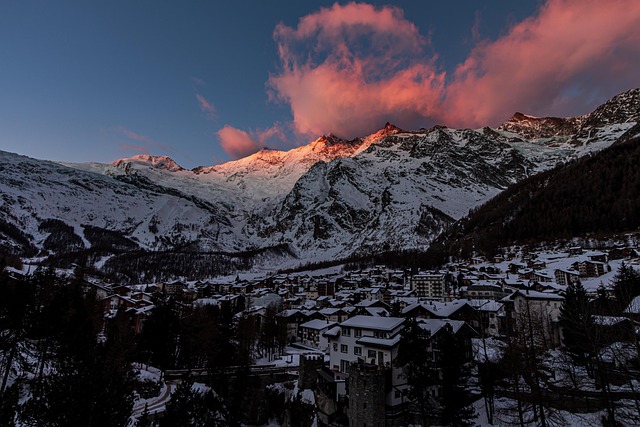 landscape sunset sunrise nature snow winter saas fee switzerland mountains valais europe alps forest rock clouds summit ski