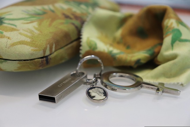 usb stick keychain venus symbol feminist symbol cameo pendant data storage close up eyeglass case fabric texture soft focus everyd