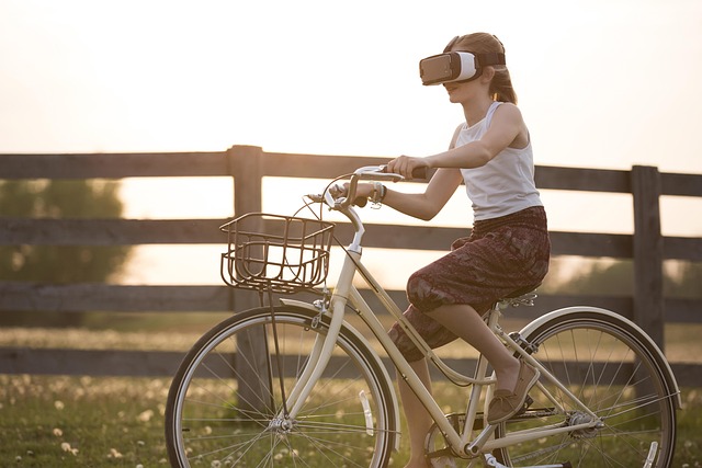 augmented reality bicycle girl bike child cyclist fence fun outdoors person virtual reality metaverse virtual reality glasses v