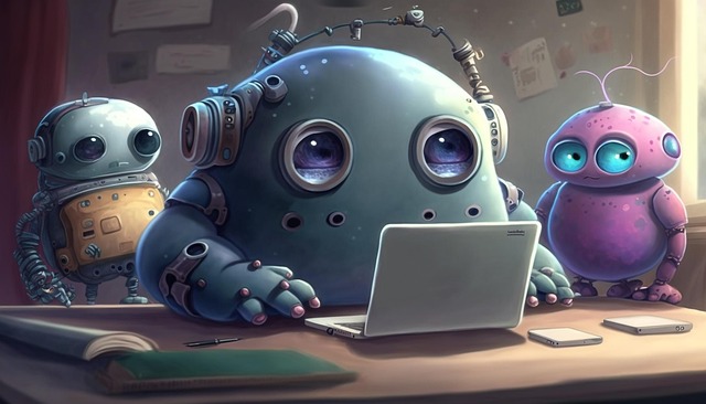 ai generated monster robot future chatbot chatgpt prompt to learn cute laptop internet office desk chatbot chatbot chatbot c