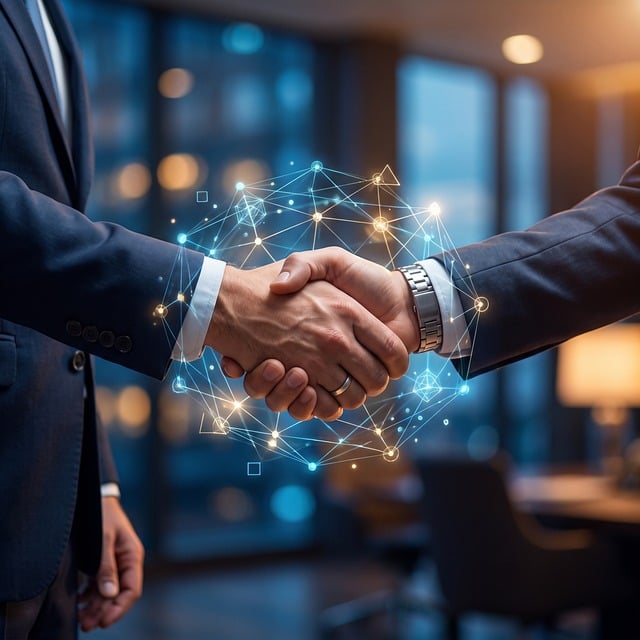 handshake business deal collaboration joined hands agreement network technology technology long sleeves formal suit lights in backg