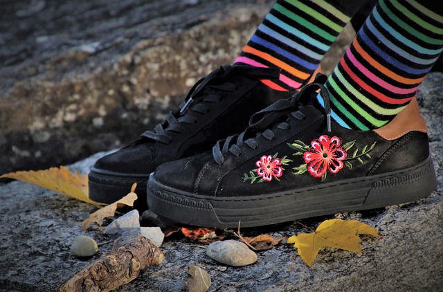 black lace sneakers cool the structure of the surface socks colorful embroidery rocky autumn walking legs feet section teenag