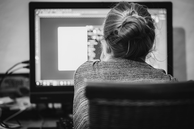 home office person work web design business workplace monitor computer keyboard screen laptop office work independent freelance