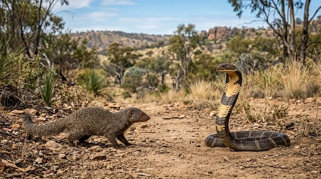 animals wildlife nature mongoose cobra southern africa confrontation desert arid savanna biology survival eyes snakes mammals