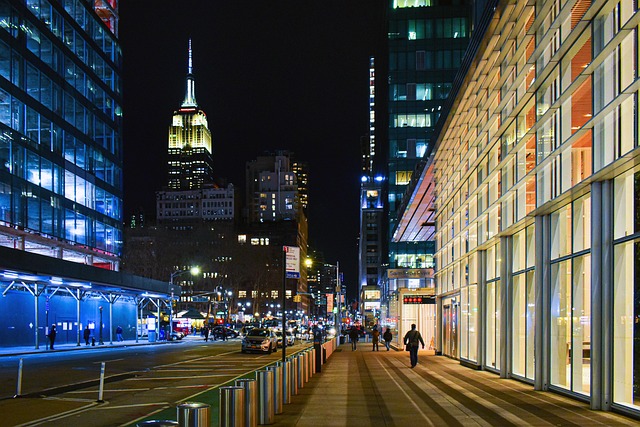 buildings skyscrapers architecture street road manhattan new york lights urban towers ny usa america cityscape night time cit