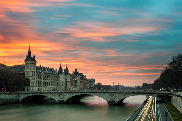 architecture bridge building castle nature city river paris time lapse sunset sky clouds dusk twilight afterglow long exposur
