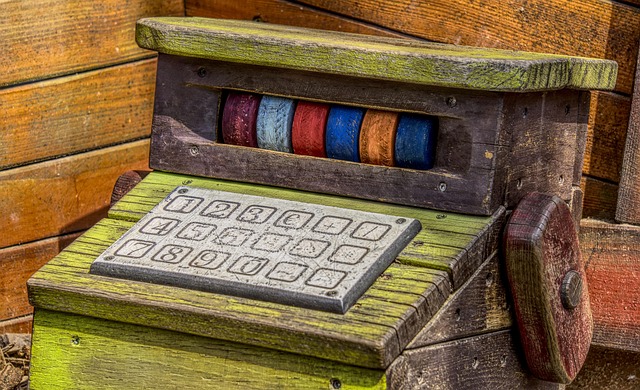 cashbox shop toy children playground wood model money pay clock face keyboard keys business hdr high dynamic range contrast