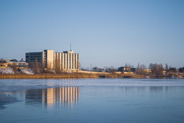 winter water snow nature landscape sky river building tree cold frost open reservoir ice snowy sunny kharkov basis