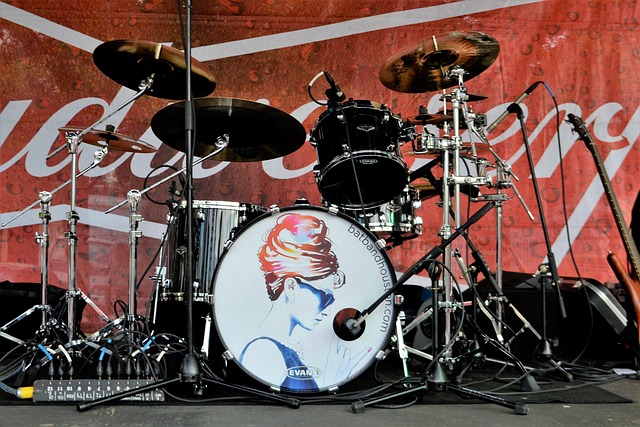 drum set drums drummer budweiser concert drumming symbol crash cymbal bass microphone artist music musician stage empty noise