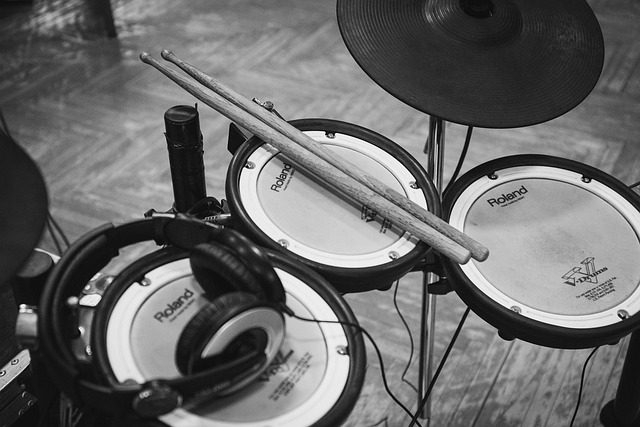electric drum set musical instrument sounds drumstick music studio headphones gray music gray headphones drum drum drum drum