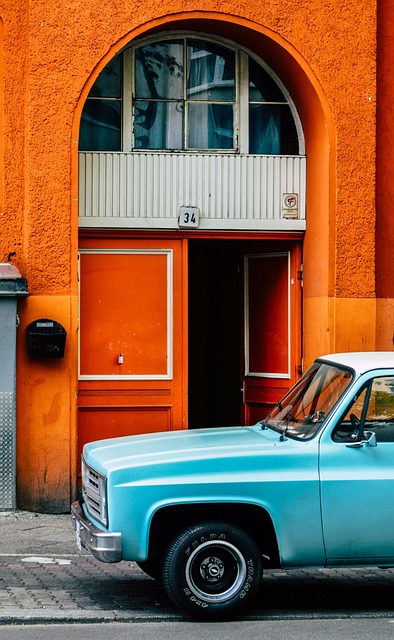 automobile house orange road chevrolet american pick up truck colourful
